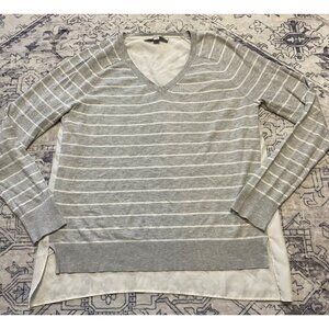 Ann‎ Taylor Loft M Gray Striped V-Neck Sweater Sheer Back Cotton Blend Womens